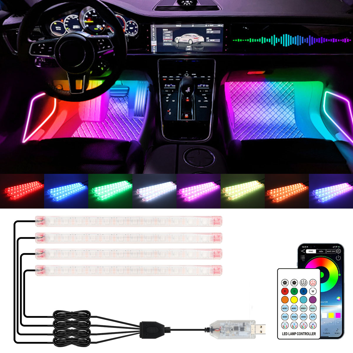 2/4in1 12/18 LED RGB Rainbow A - огляд і ціна Led Ambient Interior Car Lights App Control