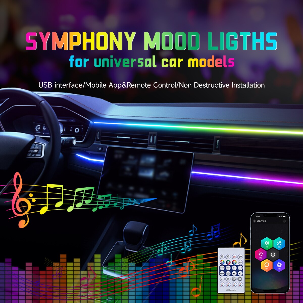Car LED Ambient Light USB 64 C - огляд і ціна Led Ambient Interior Car Lights App Control